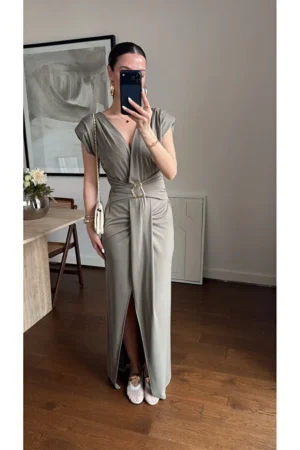 Krem Drapeli Gold Toka Detaylı Elbise