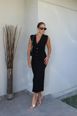 Siyah Gold Düğmeli Drape Detaylı Elbise