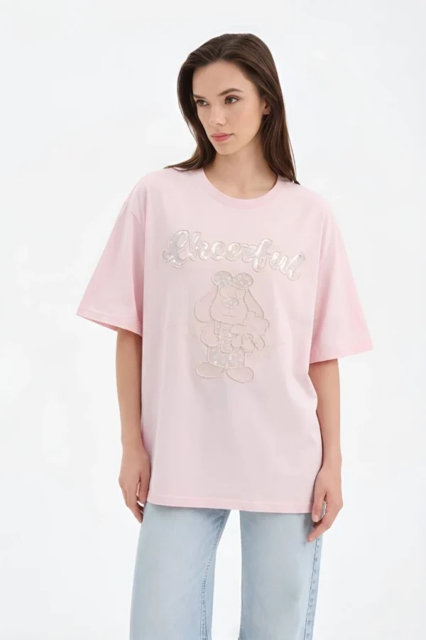 Pembe Boncuk İşlemeli Oversize T-shirt