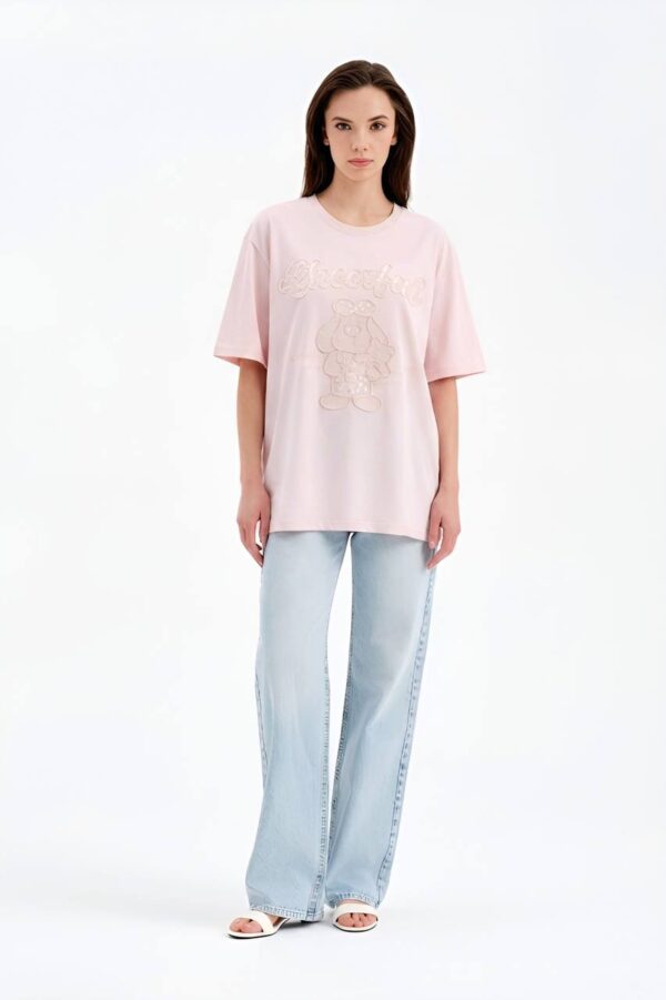 Pembe Boncuk İşlemeli Oversize T-shirt