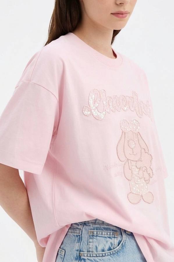 Pembe Boncuk İşlemeli Oversize T-shirt